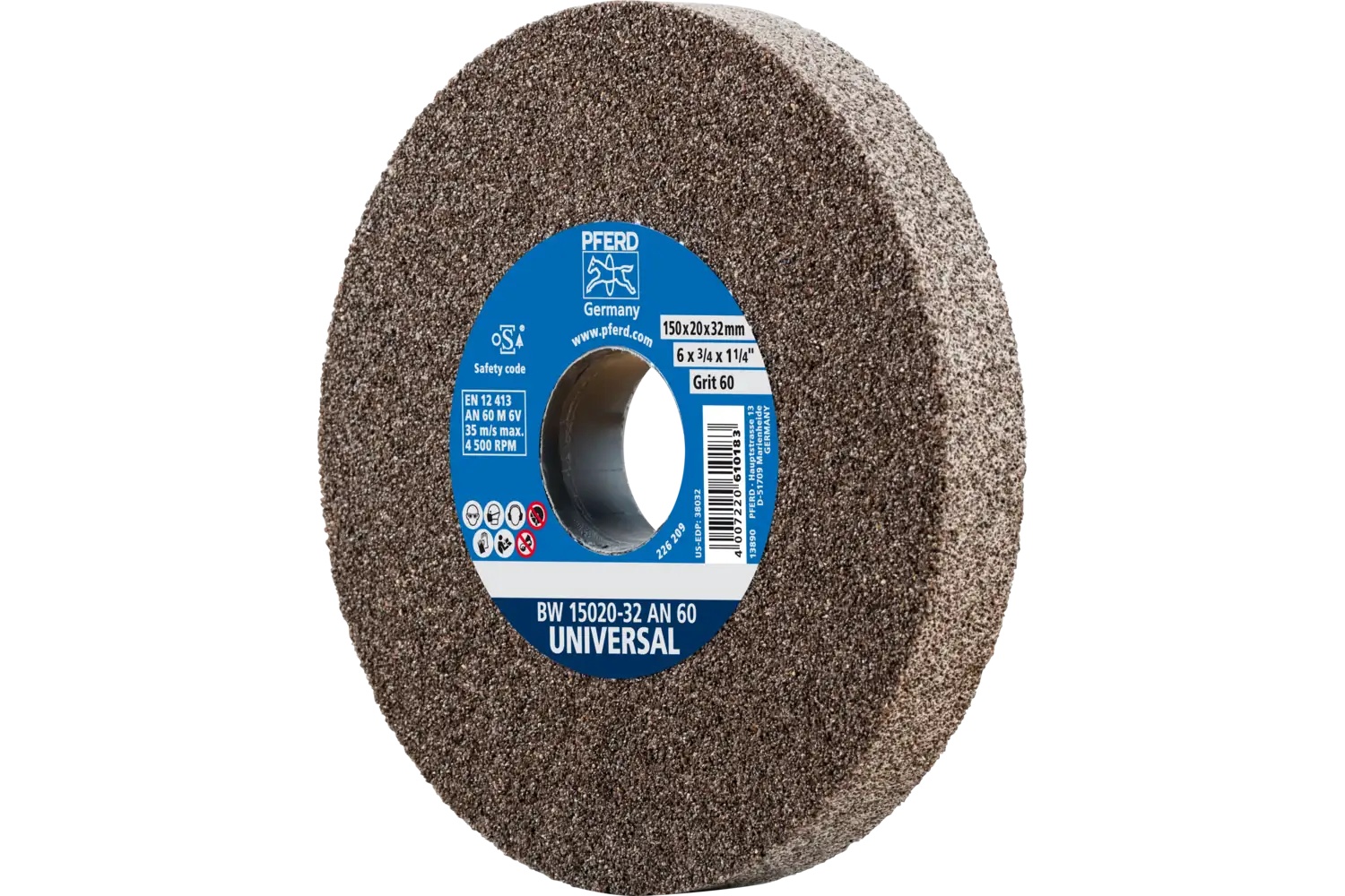 Picture of Pferd Vitrified Bench Wheel, Universal, 6" X 3/4 X 1-1/4, 60 Grit, Aluminum Oxide